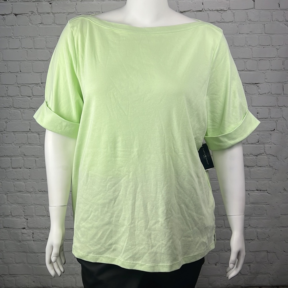 Light Green Elbow Sleeve Boatneck Short Sleeve Top Plus Size 3X - Picture 2 of 8